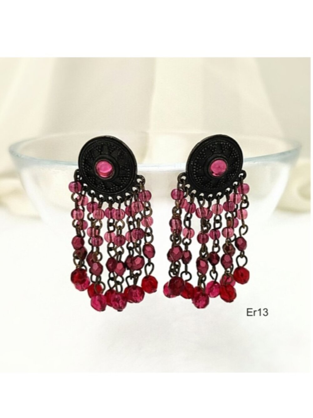 EE Vintage Earrings Czech Red Violet Beads Brass